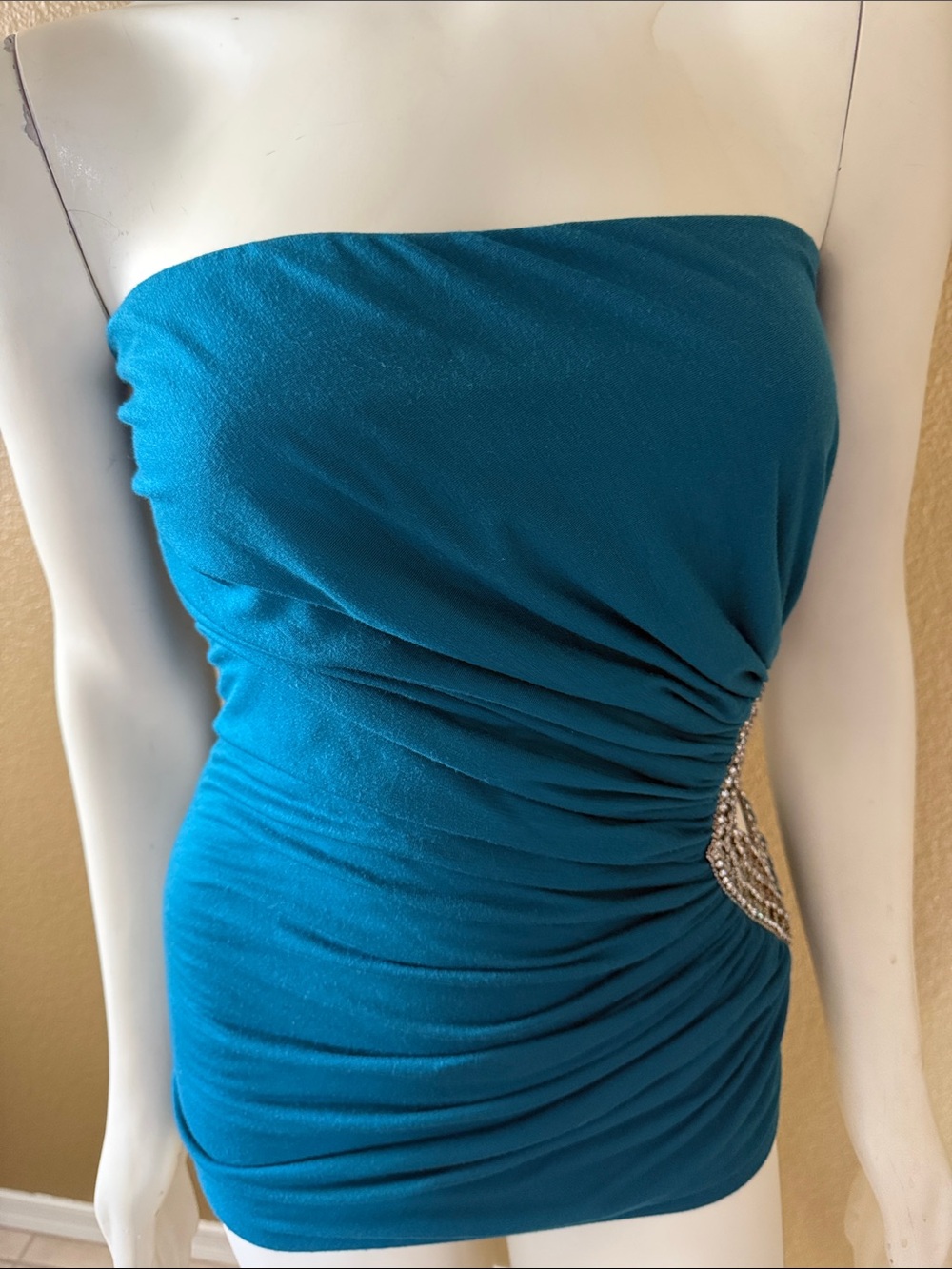 Strapless Teal Ruched Waist Topwith Side Embellishment